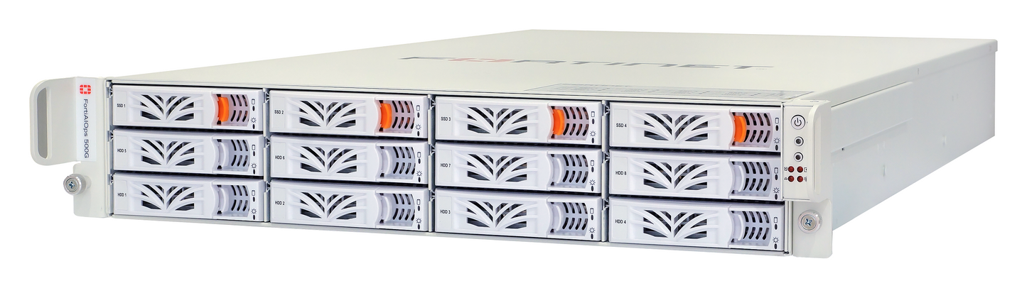 Fortinet FAO-500G server with orange lights, drive bays and grilles