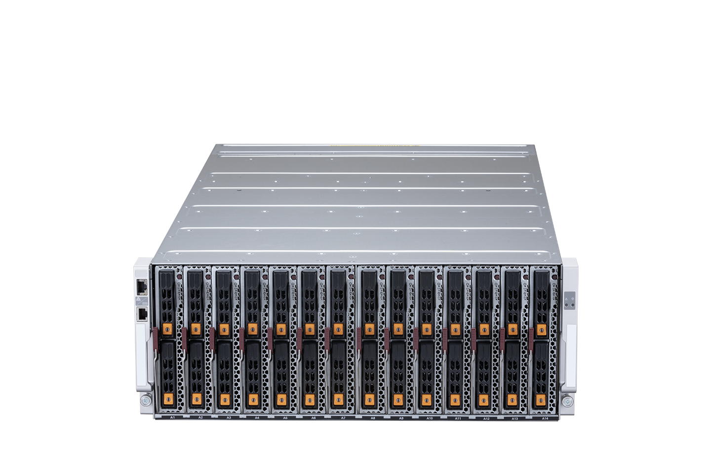Fortinet FAZ-BD-4500G silver server rack with orange-lit black drive bays