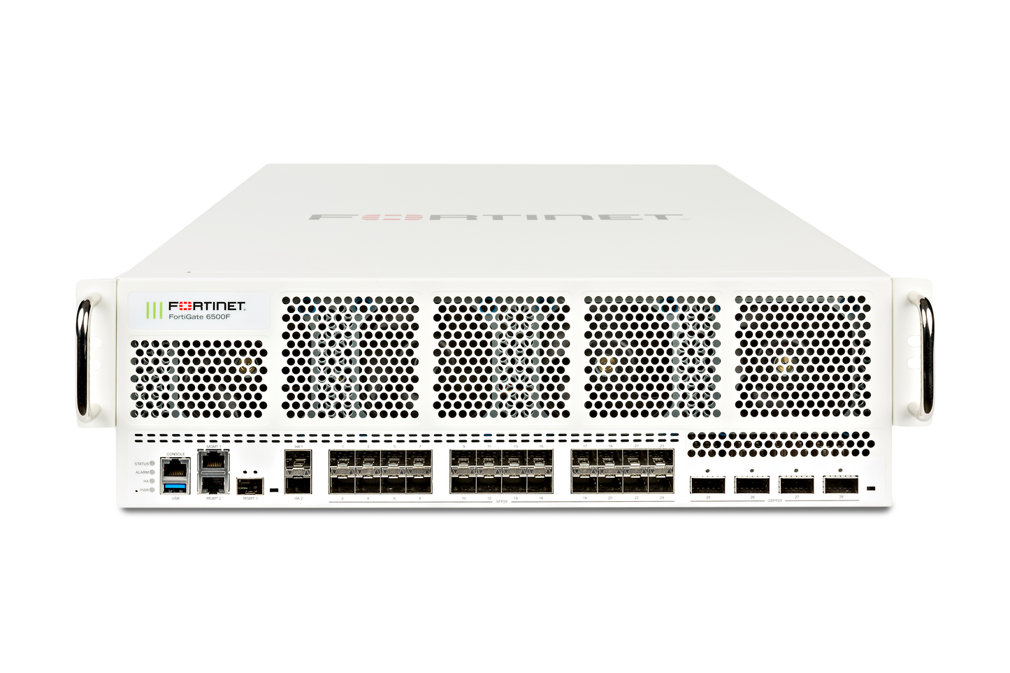 Fortinet FortiGate-6500F front with perforated panel and Ethernet ports