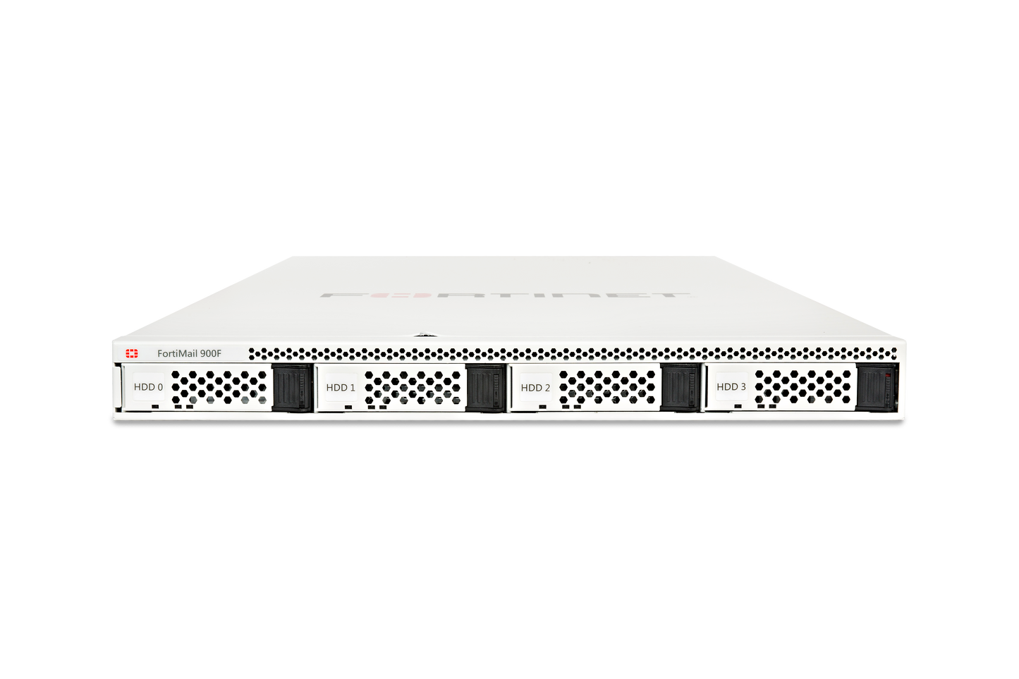 Fortinet FortiMail-900F white server with 4 labeled black HDD bays