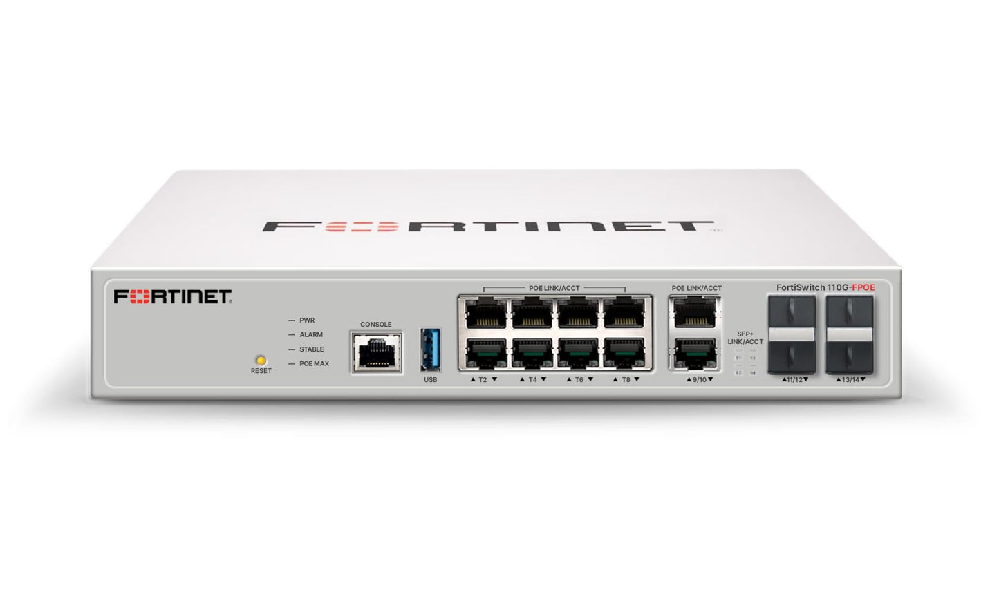 Fortinet FS-110G-FPOE | 2x 5G PoE, 8x 2.5G PoE, 4x SFP+, Fanless, 200W PoE Limit