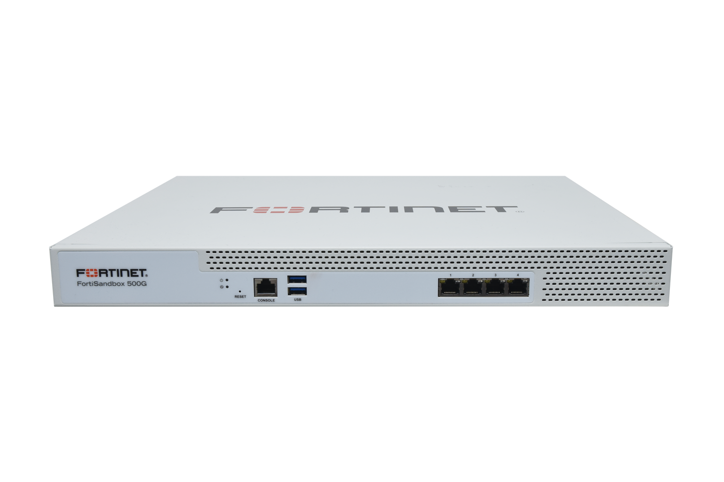 White Fortinet FDN-Sender 1025 security appliance with ethernet ports, FSA-500G model