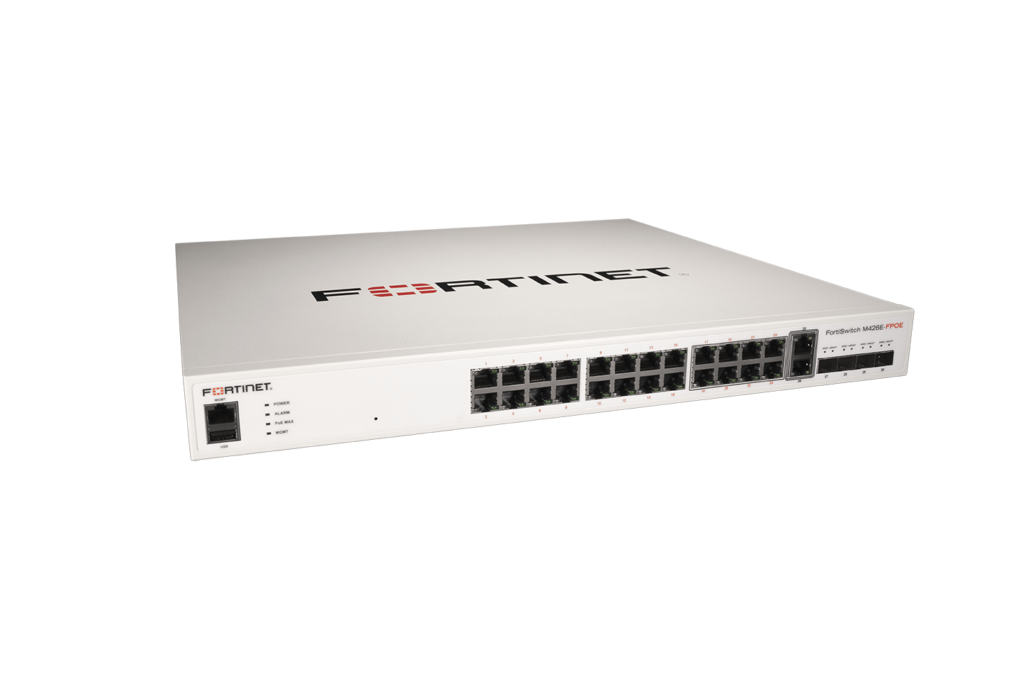 White Fortinet FortiGate M702F firewall with Ethernet ports, sleek design