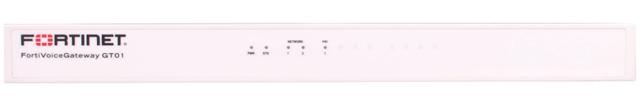 White Fortinet FortiVoice Gateway GT01 with 2x1GbE ports and PRI T1/E1