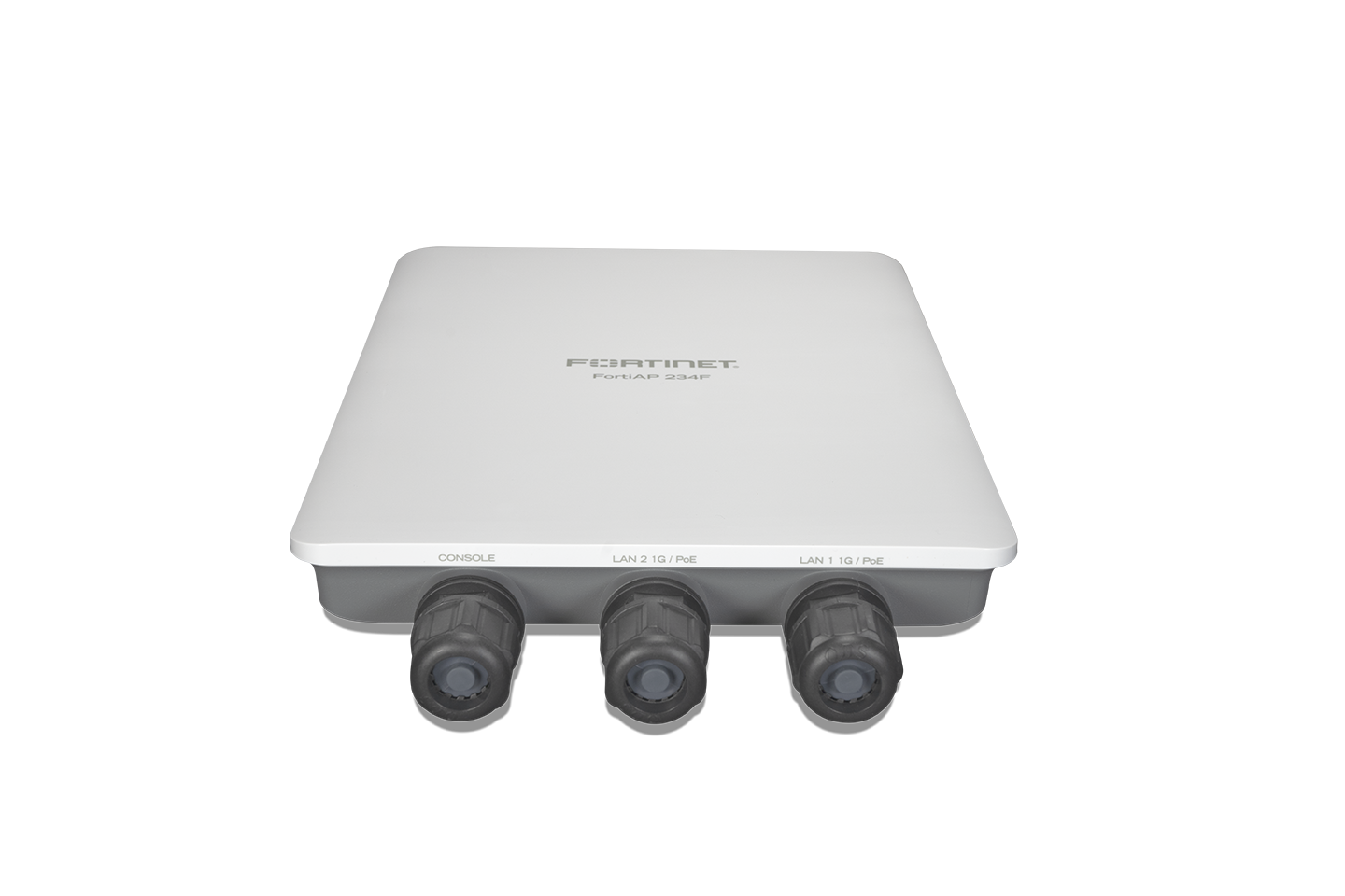 Back of white Fortinet FortiAP-234F-N outdoor wireless AP with 3 gray Ethernet ports