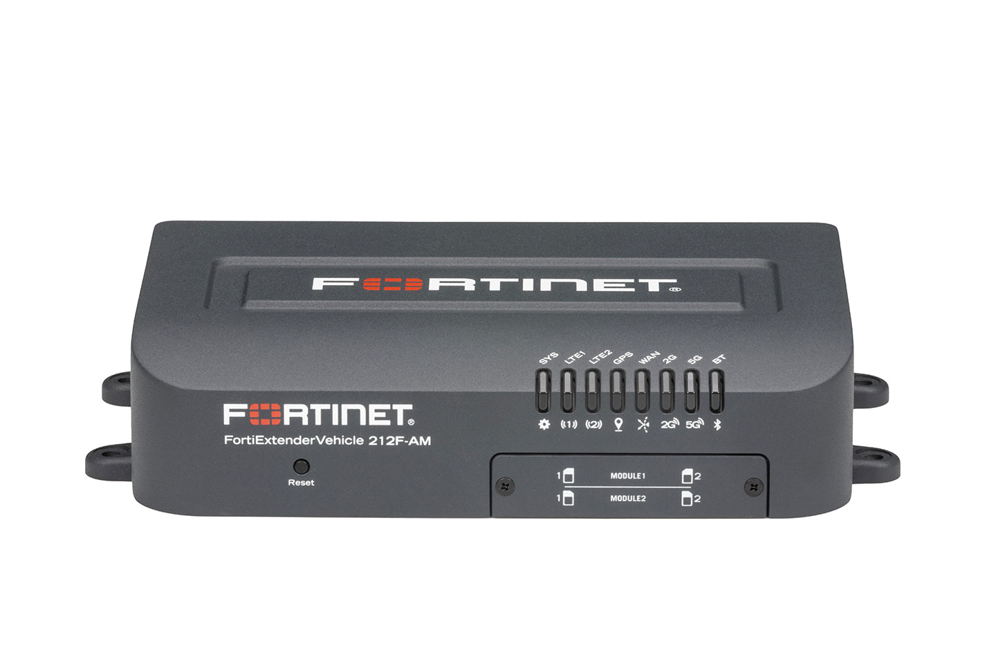 Dark gray Fortinet FortiExtenderVehicle 212F-AM router with ports