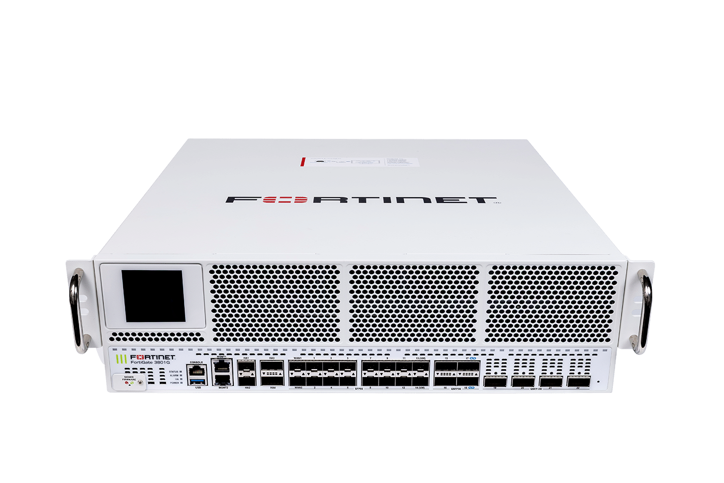 White Fortinet FortiGate-3801G security appliance front view