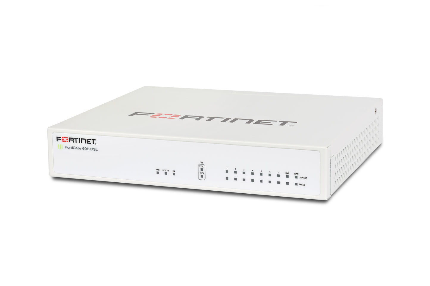 White Fortinet FG-60E-DSL security appliance with 9 GE RJ45 ports