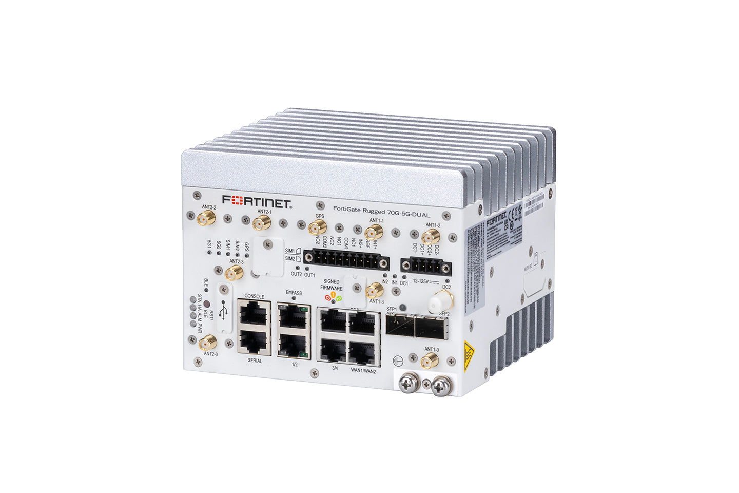 White Fortinet FGR-70G-5G-DUAL rugged firewall with ports and heat sink