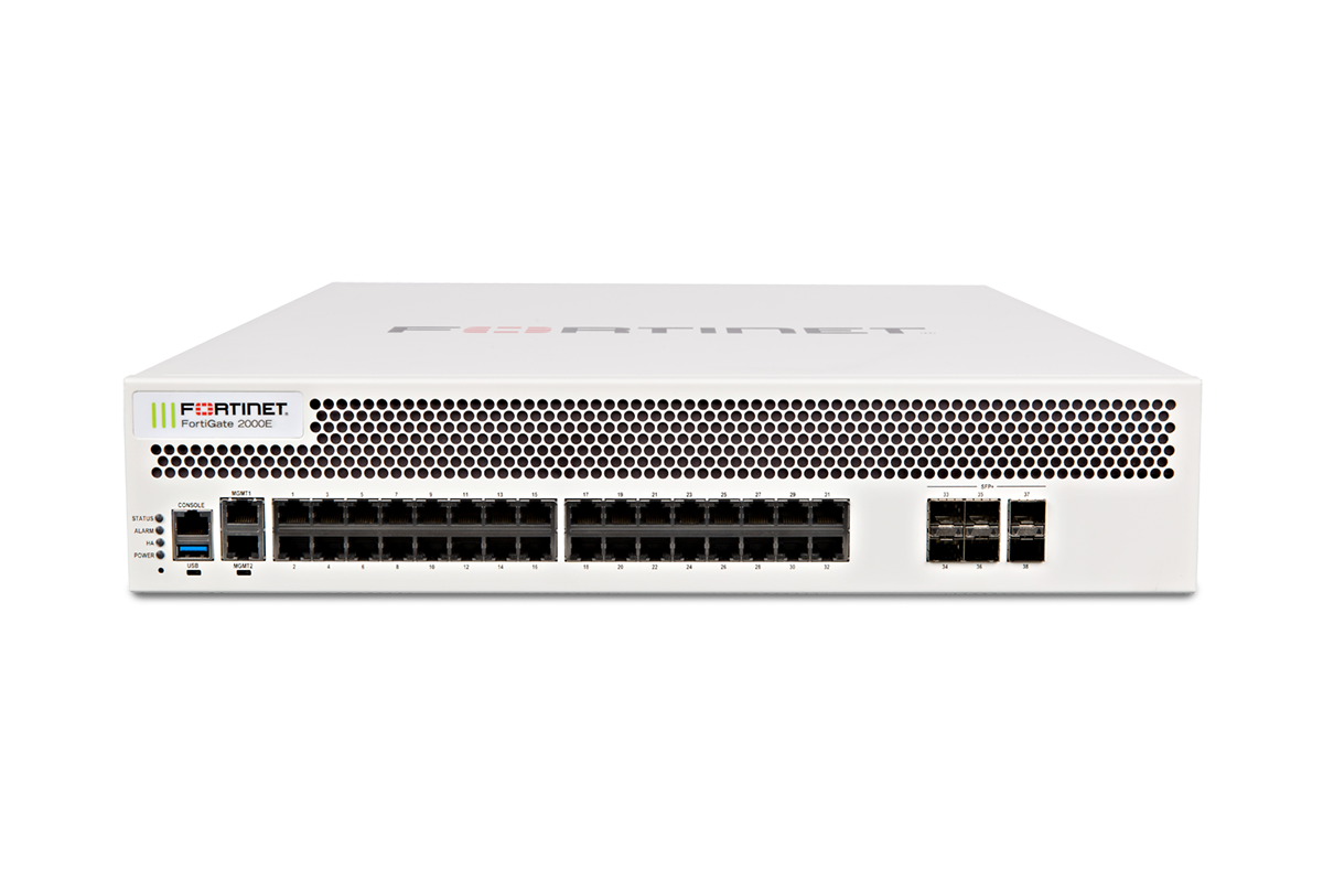 White Fortinet FortiGate-2000E front with perforated panel and Ethernet ports