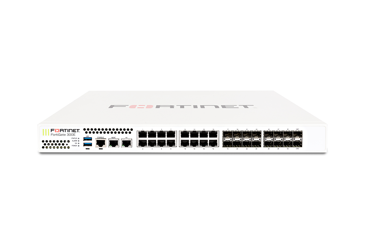 White Fortinet FortiGate 300E with 18 GE RJ45 ports and 16 SFP slots