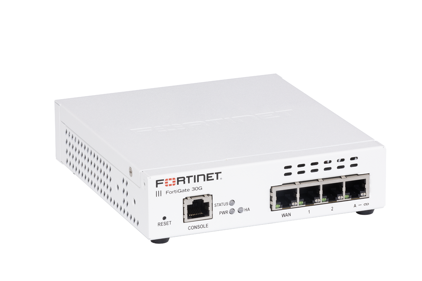 White Fortinet FortiGate-30G with 4 GE RJ45 ports and status LEDs