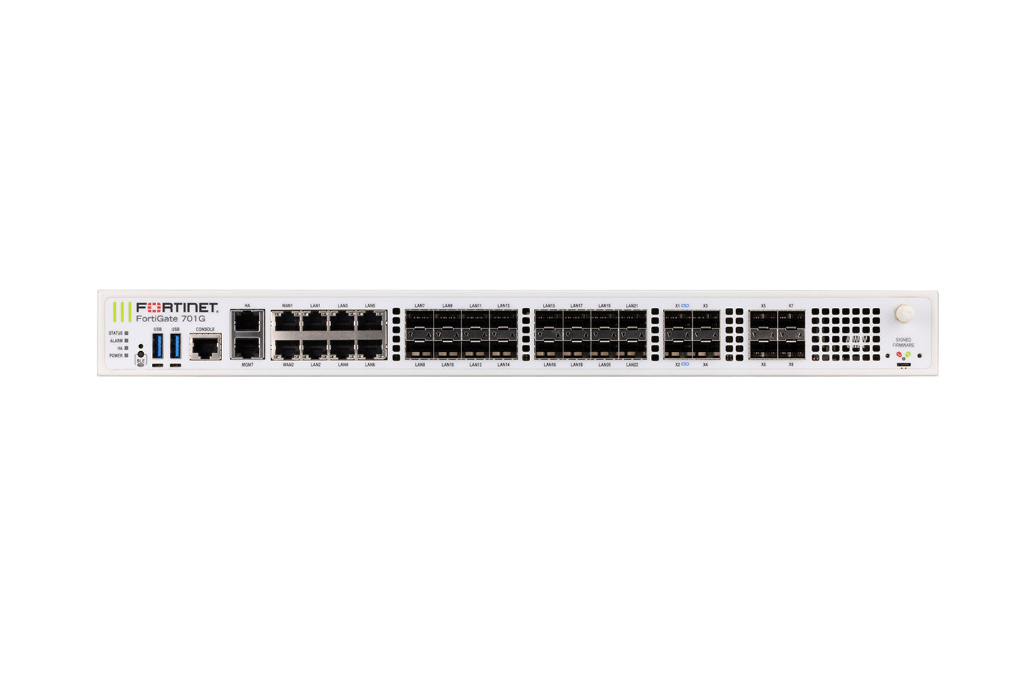 White Fortinet FortiGate-700G security appliance rear view with ports