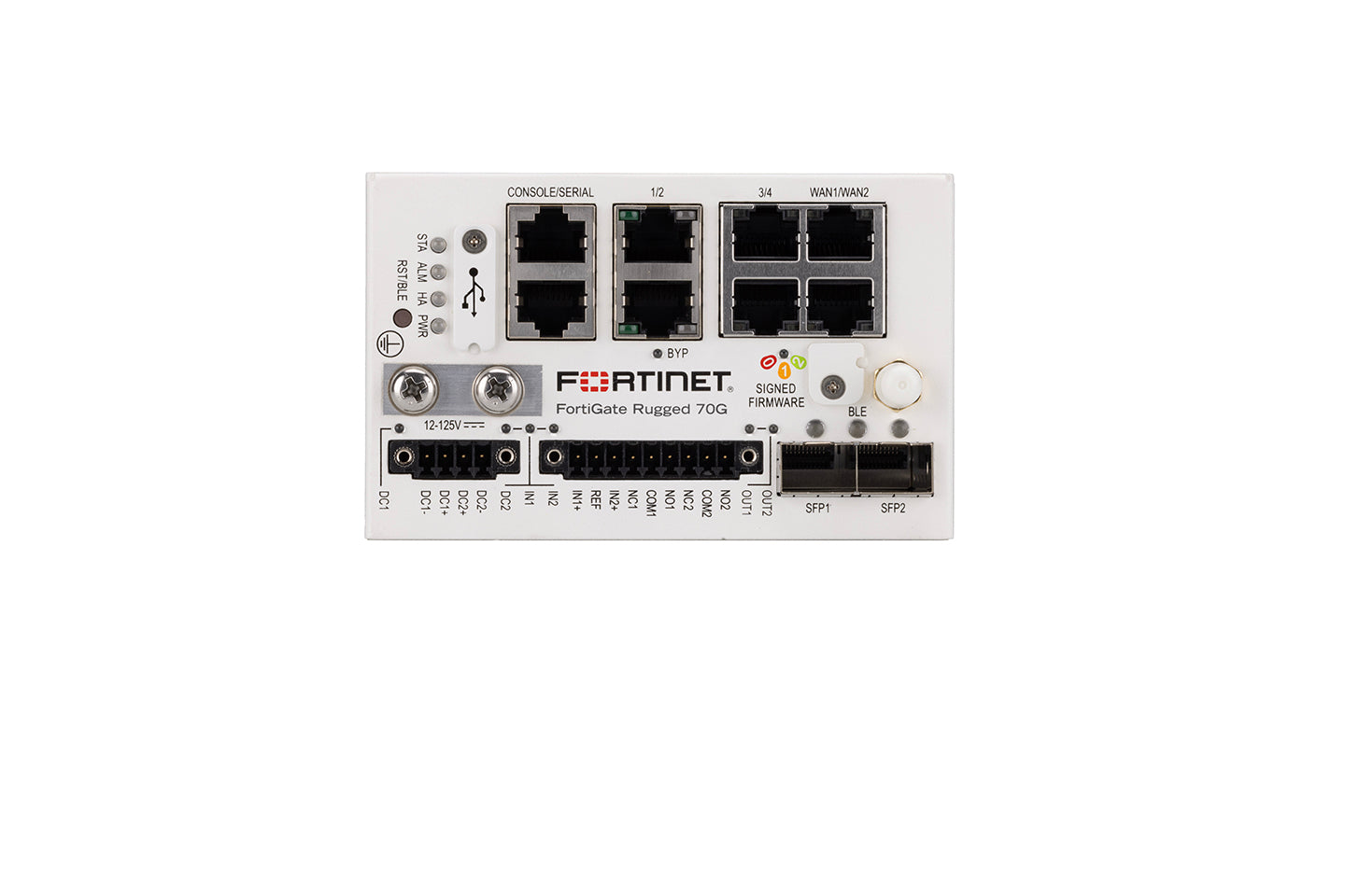 White Fortinet FortiGate Rugged 70G with ports and connectors
