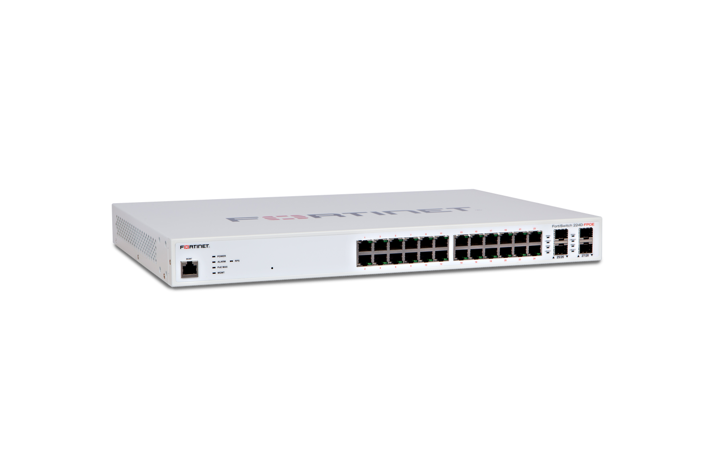 Fortinet FortiSwitch-224D-FPOE white network switch with 24 GE RJ45 PoE+ ports