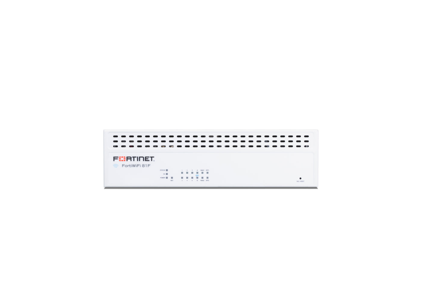 White Fortinet FortiWiFi 80F appliance with 8 GE RJ45 ports and sleek design