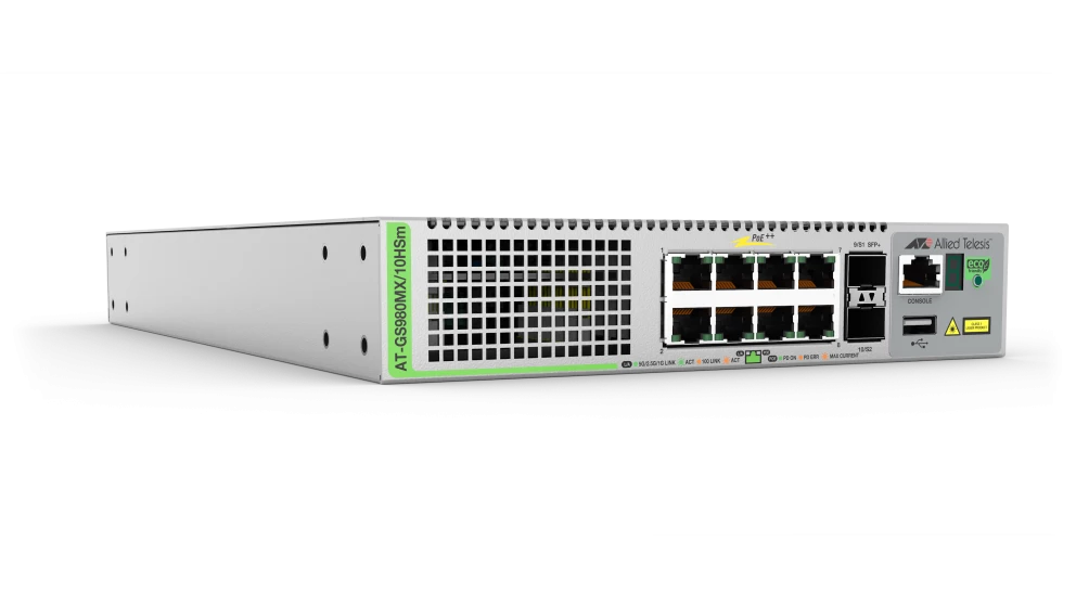 Allied Telesis AT-GS980MX/10HSM-40 | 8-Port PoE++ 100M/1/2.5/5G, 2 SFP+ Ports, Fixed PSU