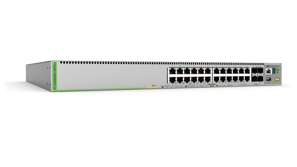 Allied Telesis AT-GS980MX/28PSM-40 | GS980MX Series 20 x 1GbE PoE+ Ports, 4 x 2.5GbE PoE+ Ports, 4 x SFP+ Ports, AU Power Cord