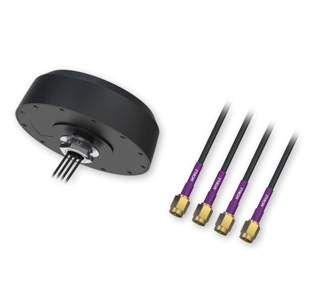 Black circular teltonika pr1kc647 5g combo mimo mobile roof antenna with four cables and purple gold agile connectors