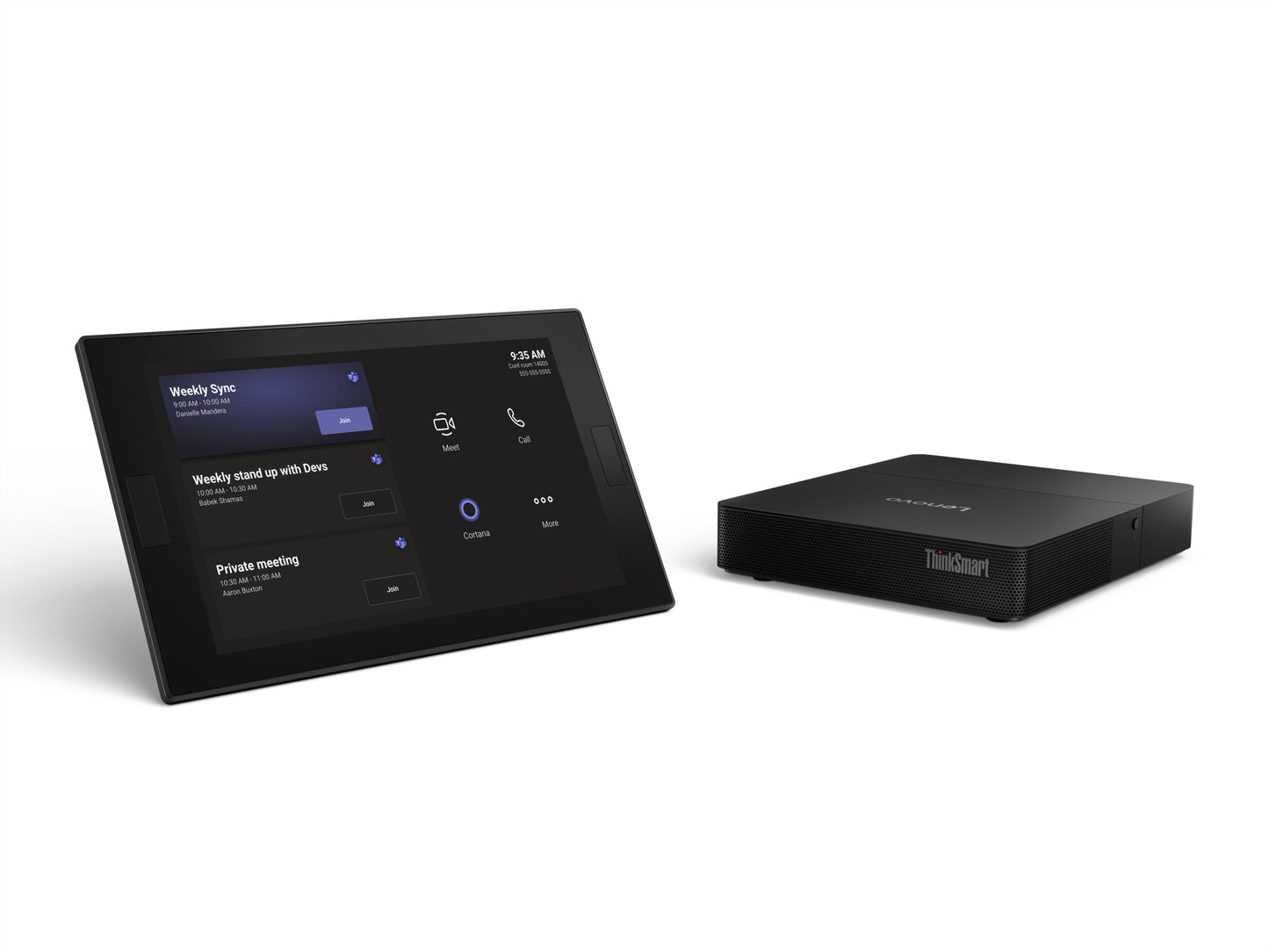 Black Lenovo ThinkSmart Core Gen 2 interactive display and base unit