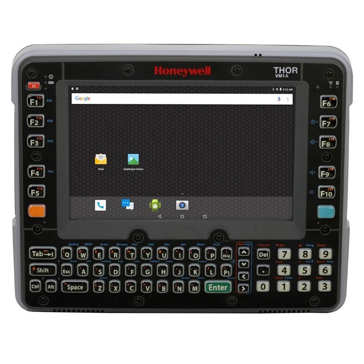 Honeywell VM1A rugged tablet with gray casing, red branding, black screen, keyboard