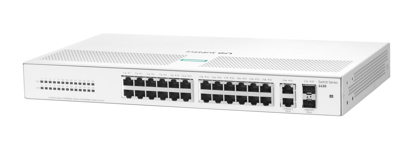 HPE R8R50A | Aruba Instant On 1430 Series 26 x 1GbE Ports, 2 x SFP Uplinks, Unmanaged Switch