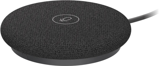 Logitech rally mic pod 2 conference microphone in graphite with textured black fabric and subtle circular logo center