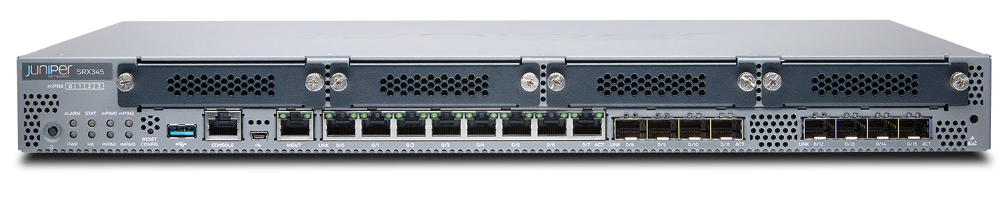 Juniper SRX345-DUAL-AC-T | SRX345 Series 16GE (8x SFP), 4G RAM, 8G Flash, 4x MP