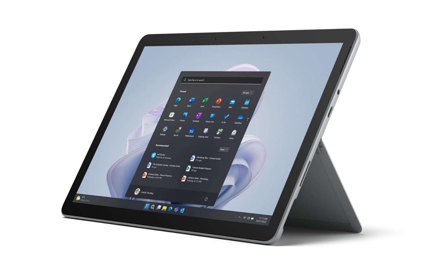 Silver Microsoft Surface Go 4 tablet with sleek design, black bezel, 10.5-inch screen