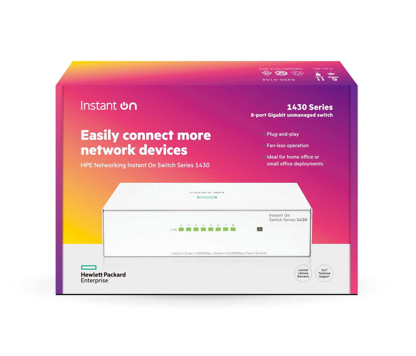 HPE Aruba Instant On 1430 8-port switch with green LEDs