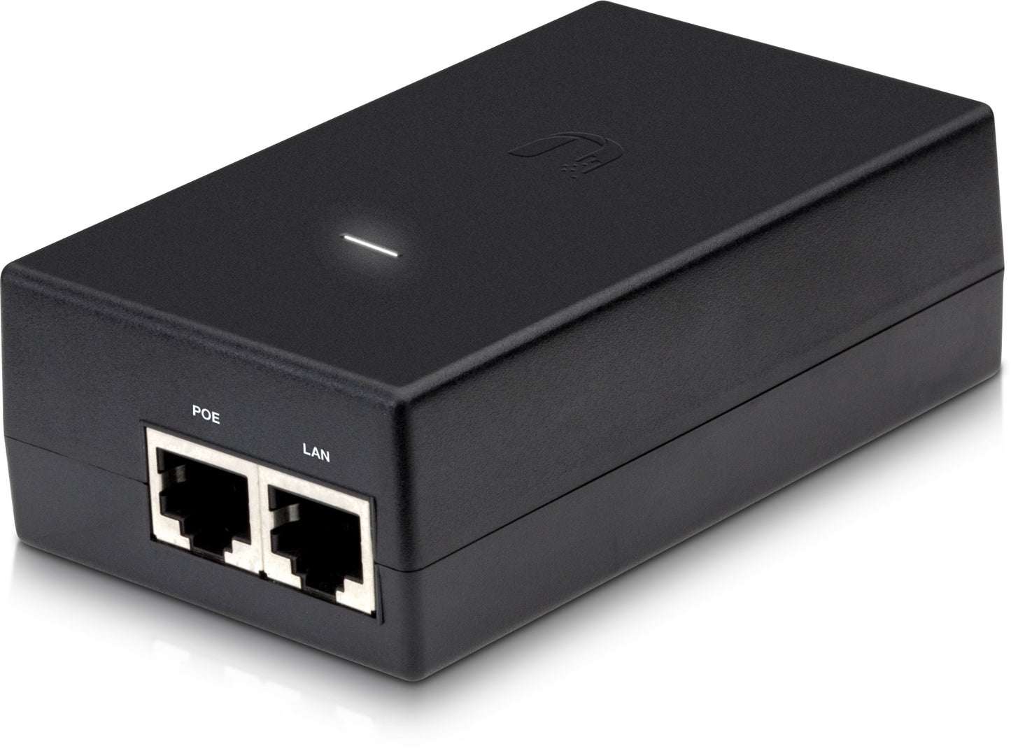 Black rectangular uplink poe injector with two ethernet ports labeled poe and lan from ubiquiti poe 50 60w au