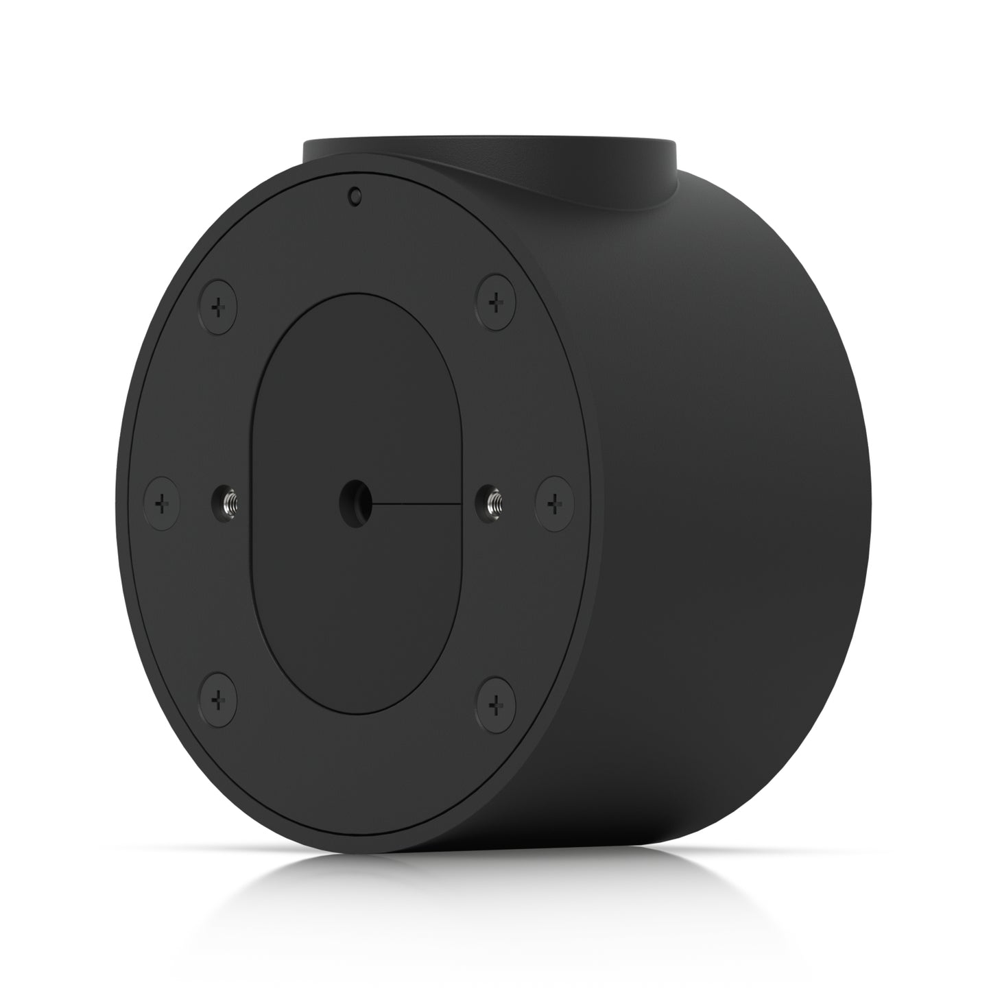 Black matte finish ubiquiti uacc-camera-cjb-b cylindrical junction box with circular mounting plate and four screw holes back view