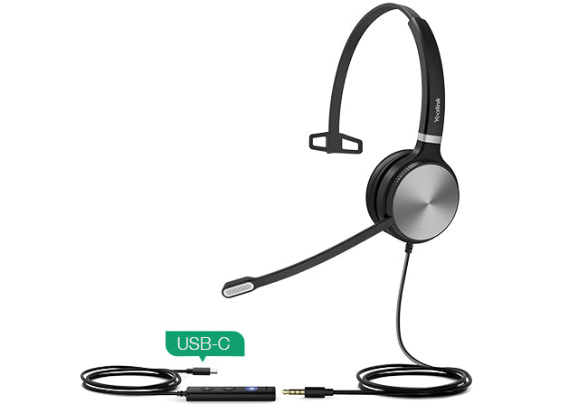 Yealink teams uh36-m black and silver mono wired anc headset with usb-c, flexible mic, and inline control module