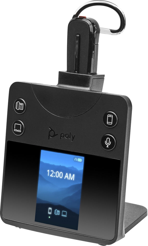 Poly Savi 8445 DECT headset with black poly dock and touchscreen