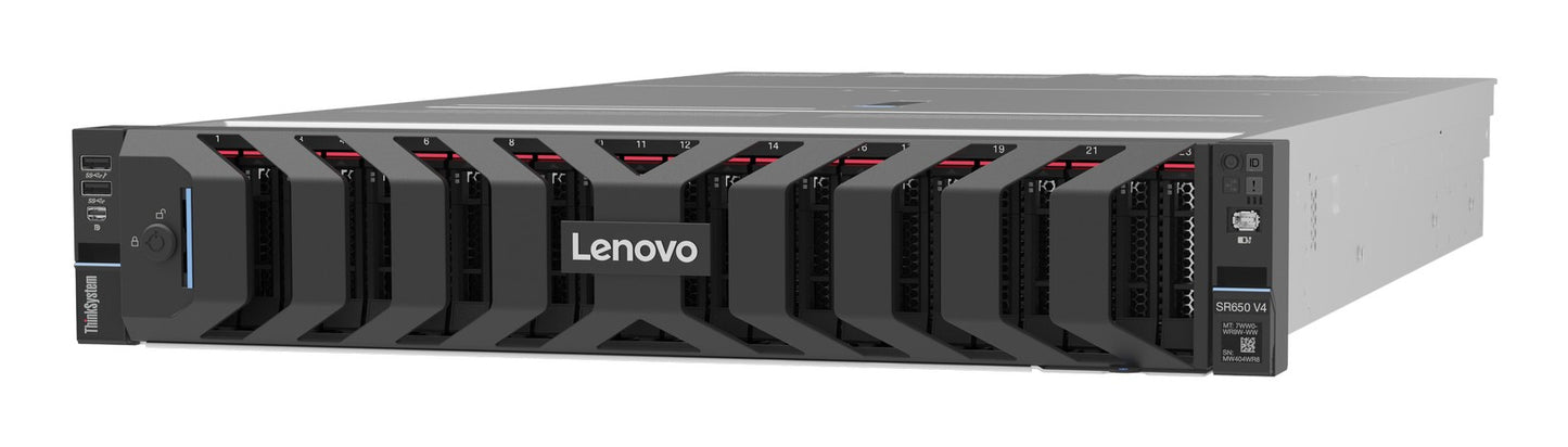 Black lenovo thinksystem sr650 v4 2u rack server with red led indicators and sleek industrial design featuring xeon 6515p processor