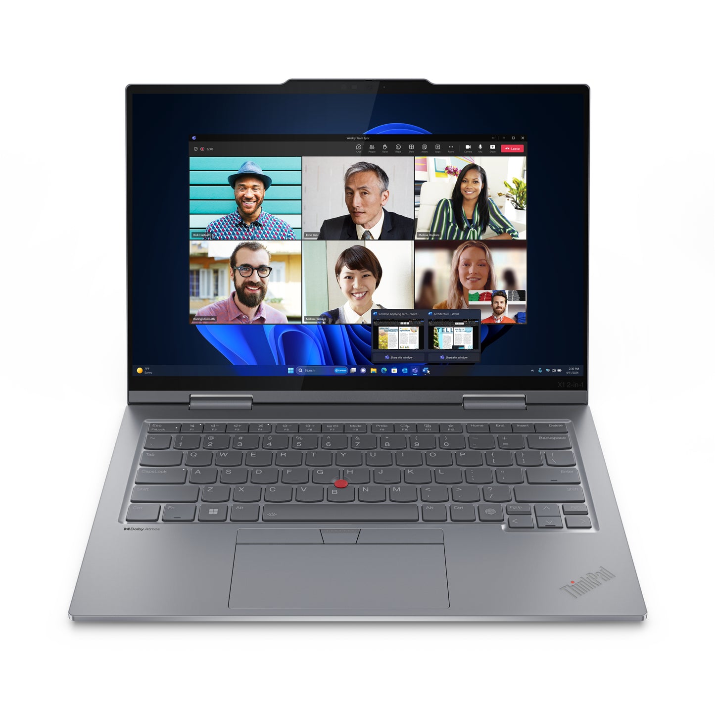 Silver Lenovo ThinkPad X1 2-in-1 Gen 9 14 inch touchscreen laptop with red trackpoint nub and sleek minimalist design