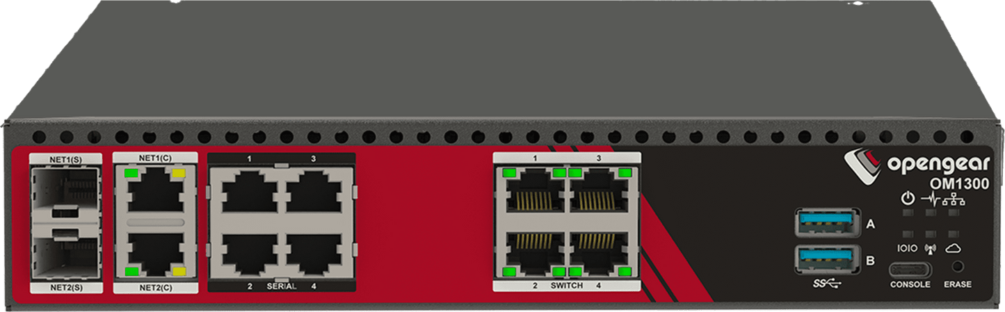 Black and red opengear om1304-4e 4-port rs232 operations manager with 4 gbe, 2 sfp, usb-a ports, and status indicators