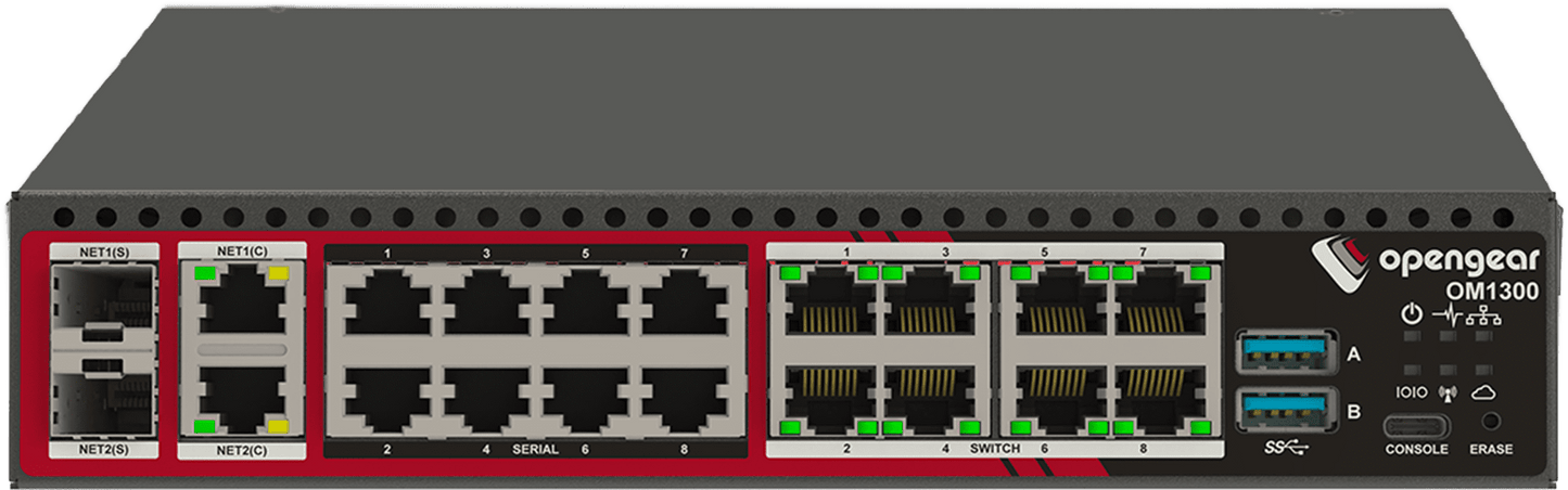Black opengear om1308-8e-c-lsp 8-port rs232 console server and gbe switch with red accents and multiple ethernet ports