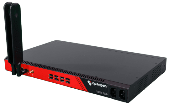 Opengear OM2216 black and red 16-port netops console server with two external antennas and smart OOB support
