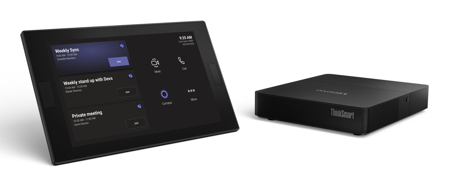 Lenovo thinksmart core G2 full room kit with black touchscreen display and matching rectangular base unit
