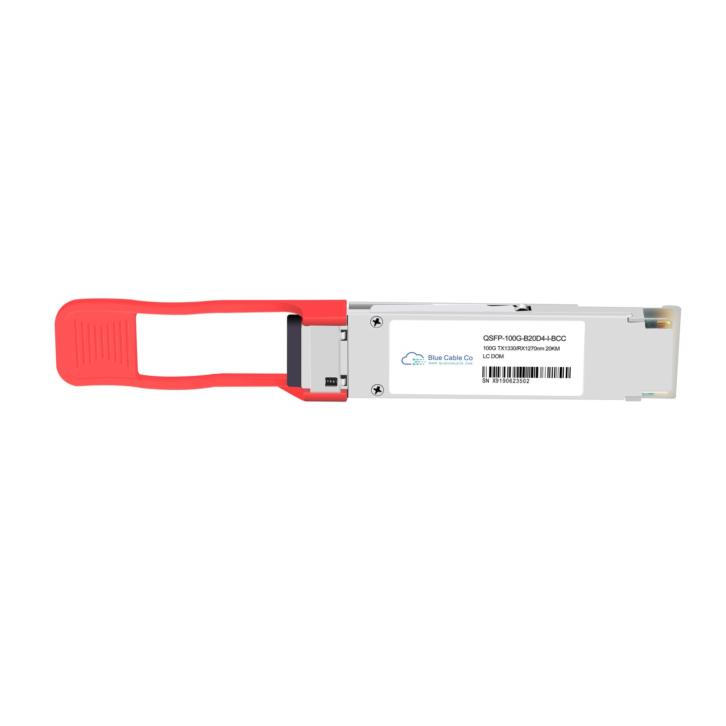 Red and silver qsfp-100g-s20d4-h-bcc optical transceiver module with molded plastic handle for 100gb bidi single-mode use