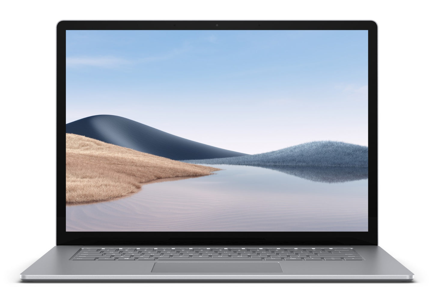 Silver Microsoft Surface Laptop 4 15-inch touch i7 model with serene landscape wallpaper