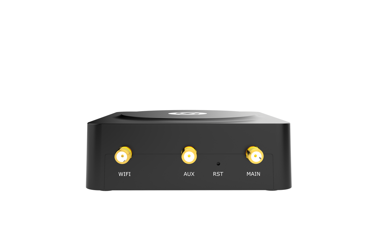 Back of Robustel R1510-4L router with wifi aux rst main gold connectors