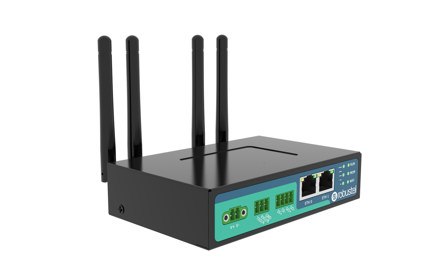 Robustel R2010-A-4L black router with 4 antennas and teal rear ports