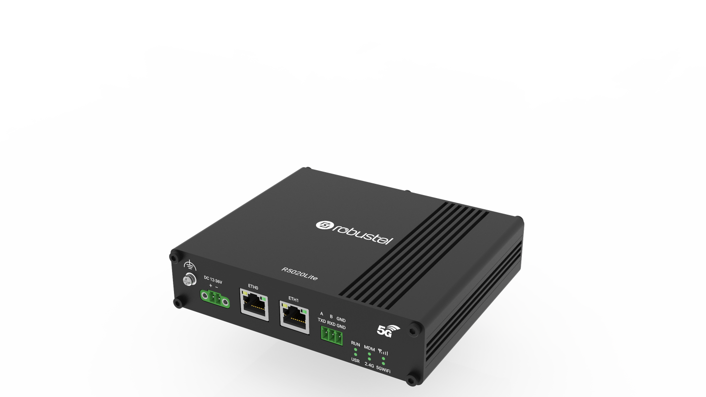 Black Robustel R5020L-A-5G Lite router with Ethernet ports and lights