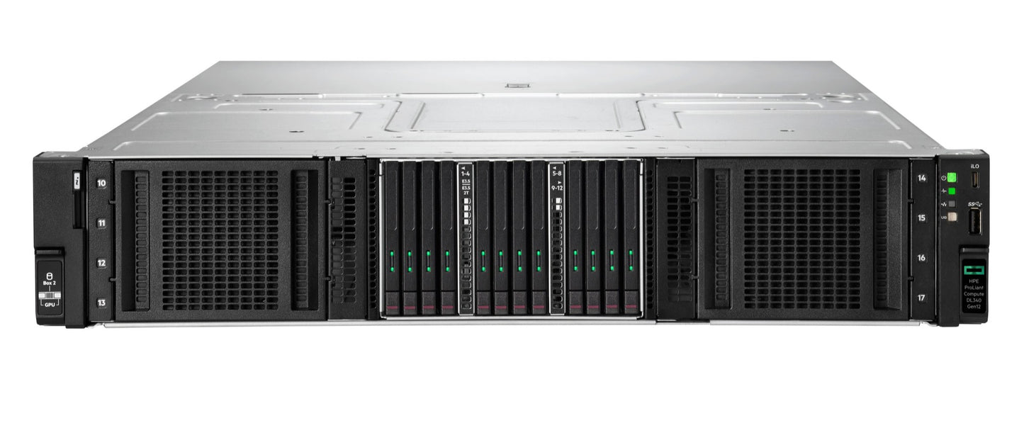 Hpe proliant dl340 gen12 rack server in black and silver with 8sff drive bays illuminated by green leds