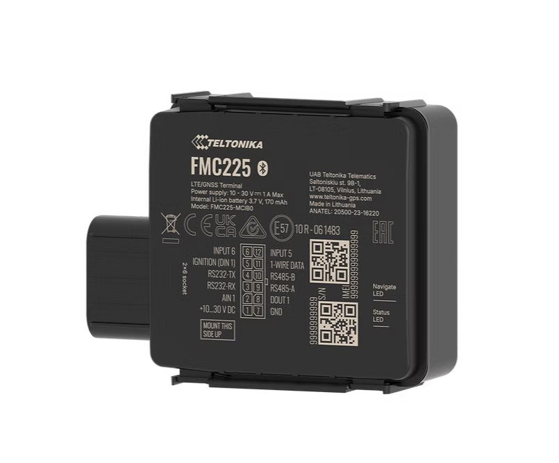 Black teltonika fmc225 ip67 lte cat 1 gps tracker with matte finish and labeled ports shown from the back side