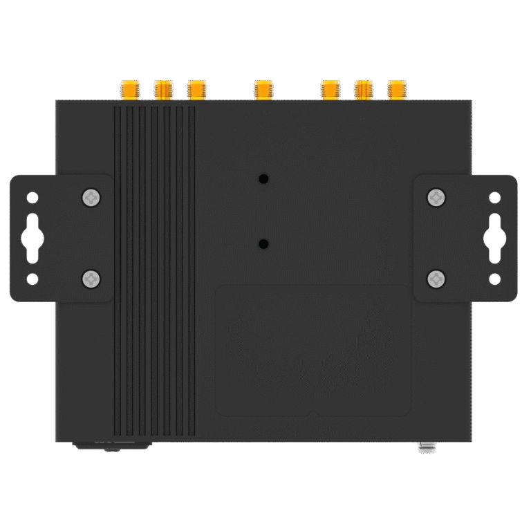 Robustel R5030 5G router back with 6 gold antenna connectors and brackets