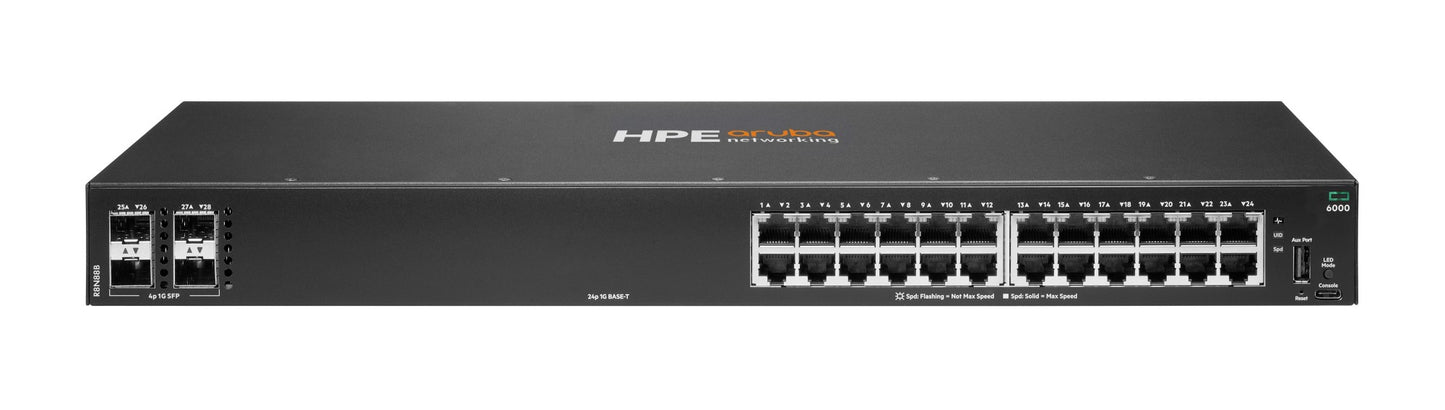 Black hp procurve aruba r8n88b cx 6000 24-port gigabit switch with multiple ethernet ports and sleek design