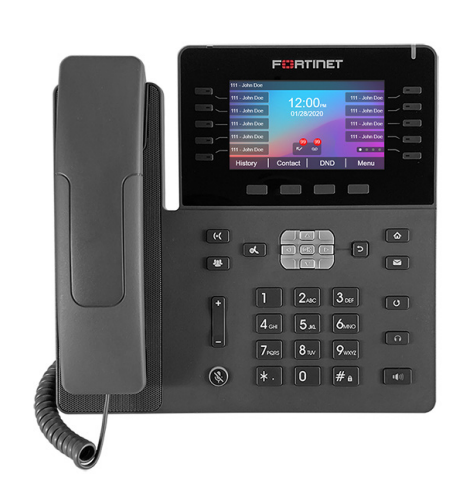 Black Fortinet FON-480B IP phone with 4.3-inch color touchscreen and keypad